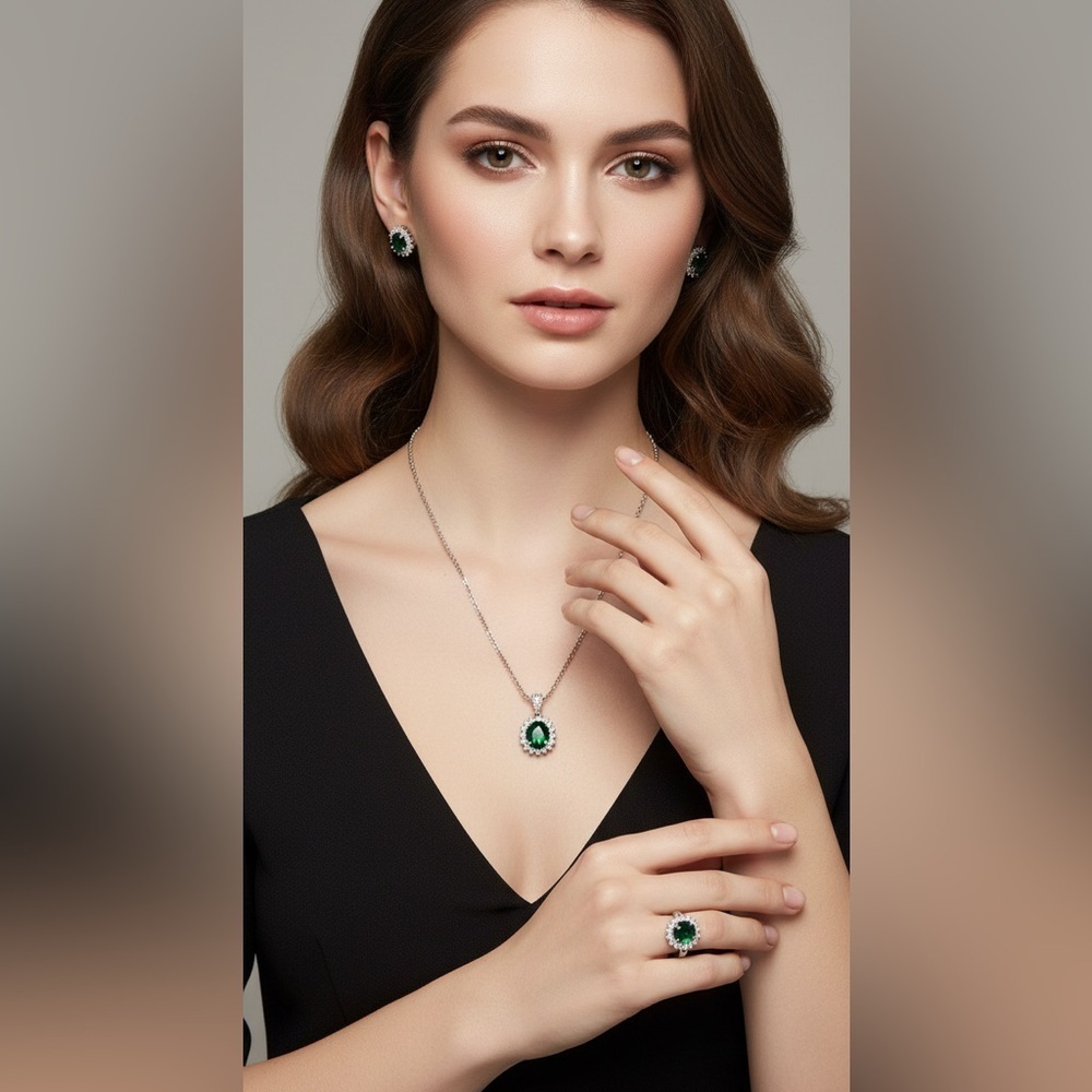 Swarovski Green Crystal Ring Earrings Necklace Set NWT Sparkling Jewelry